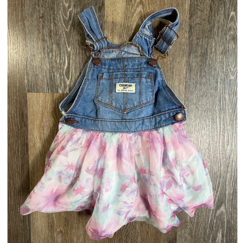 OshKosh B'gosh Overall Dress Kids 3T Blue Pink Denim Floral Tulle Skirt Skort